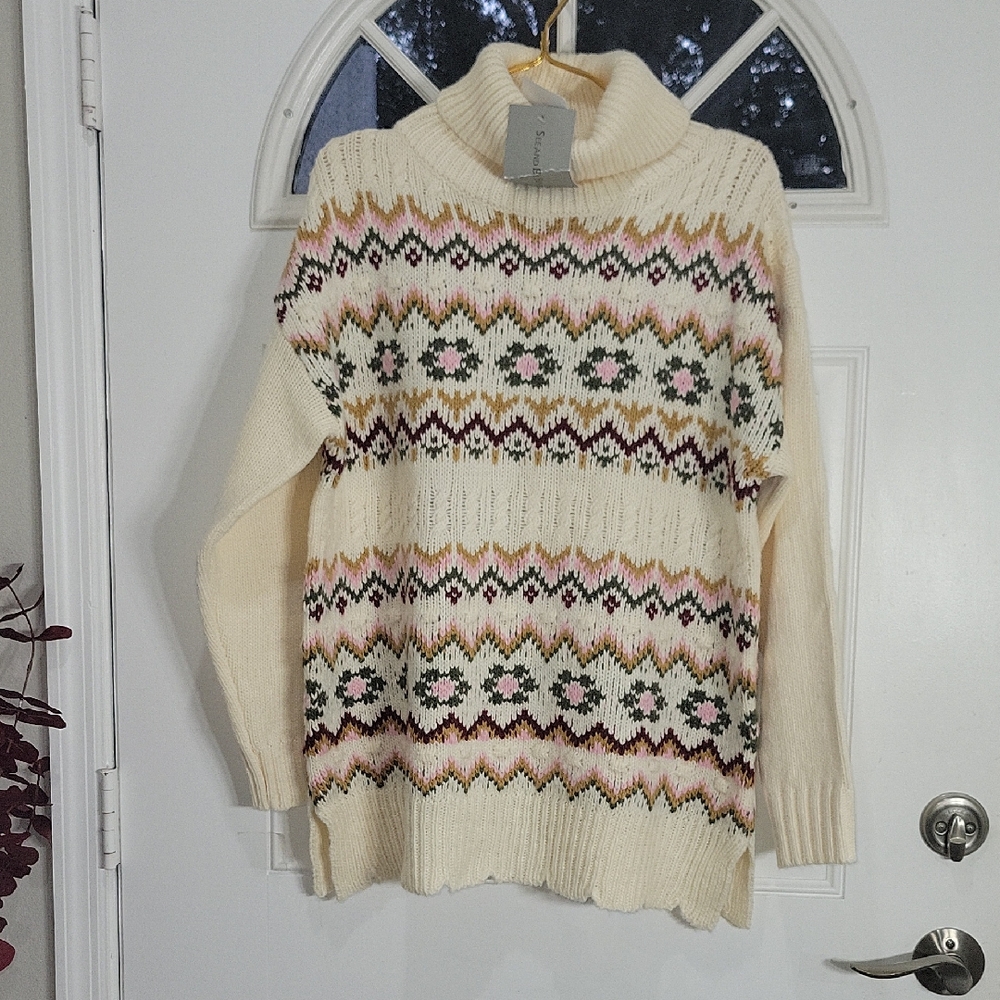 Cozy Argile Cream Patterned Turtleneck Sweater Size M